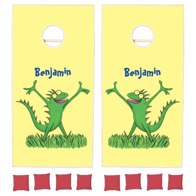 Funny green smiling animated iguana lizard  cornhole set (Set)