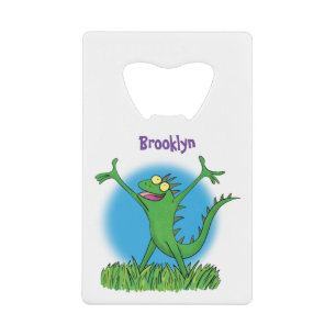 Funny green smiling animated iguana lizard credit card bottle opener