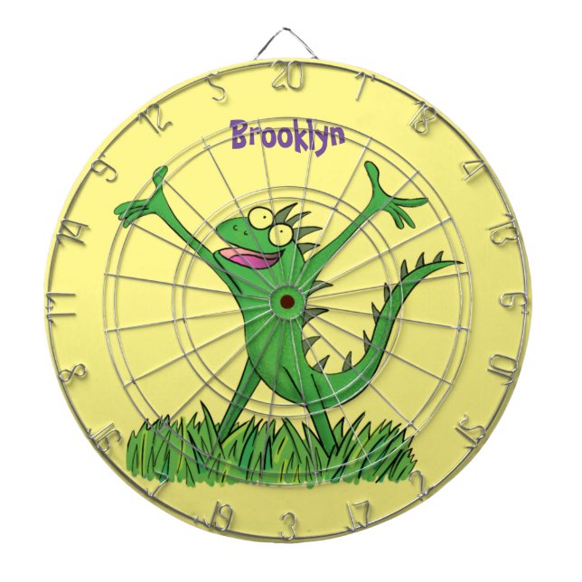 Funny green smiling animated iguana lizard dart board (Front)
