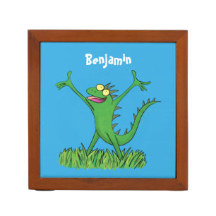 Funny green smiling animated iguana lizard desk organizer