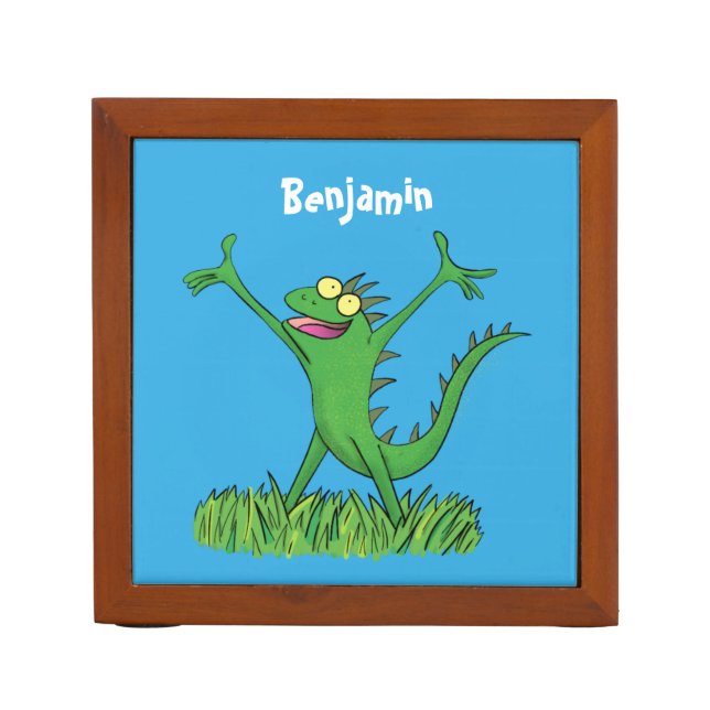 Funny green smiling animated iguana lizard desk organizer (Front)