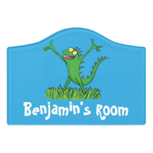 Funny green smiling animated iguana lizard door sign