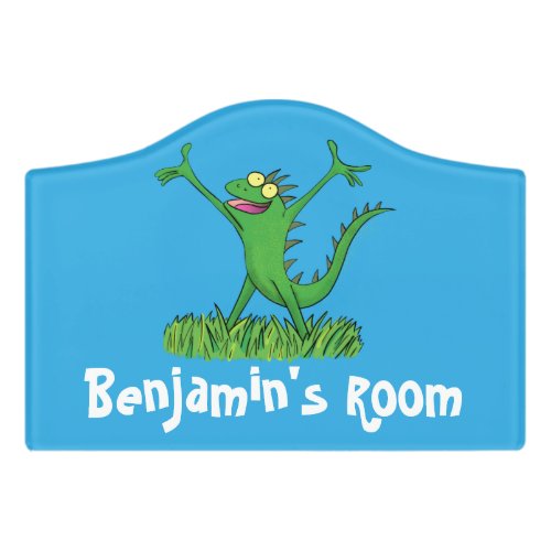 Funny green smiling animated iguana lizard door sign