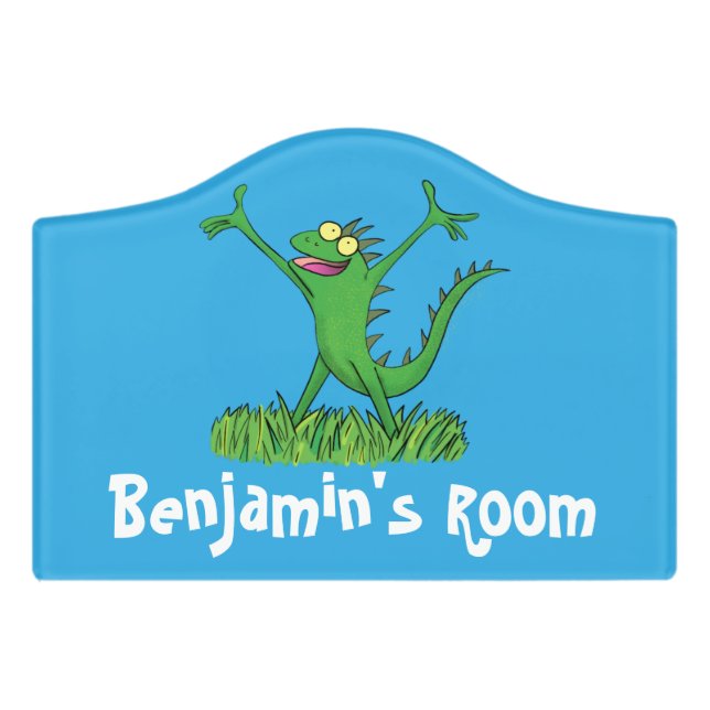 Funny green smiling animated iguana lizard door sign (Small Crest Front)