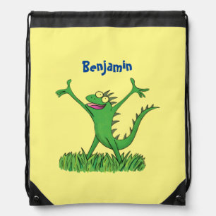 Funny green smiling animated iguana lizard drawstring bag