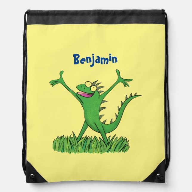 Funny green smiling animated iguana lizard  drawstring bag (Front)