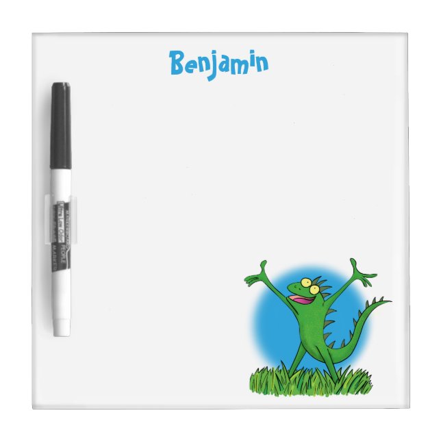 Funny green smiling animated iguana lizard dry erase board (Front)