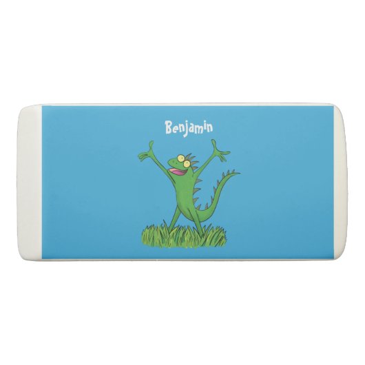 Funny green smiling animated iguana lizard eraser (Front)