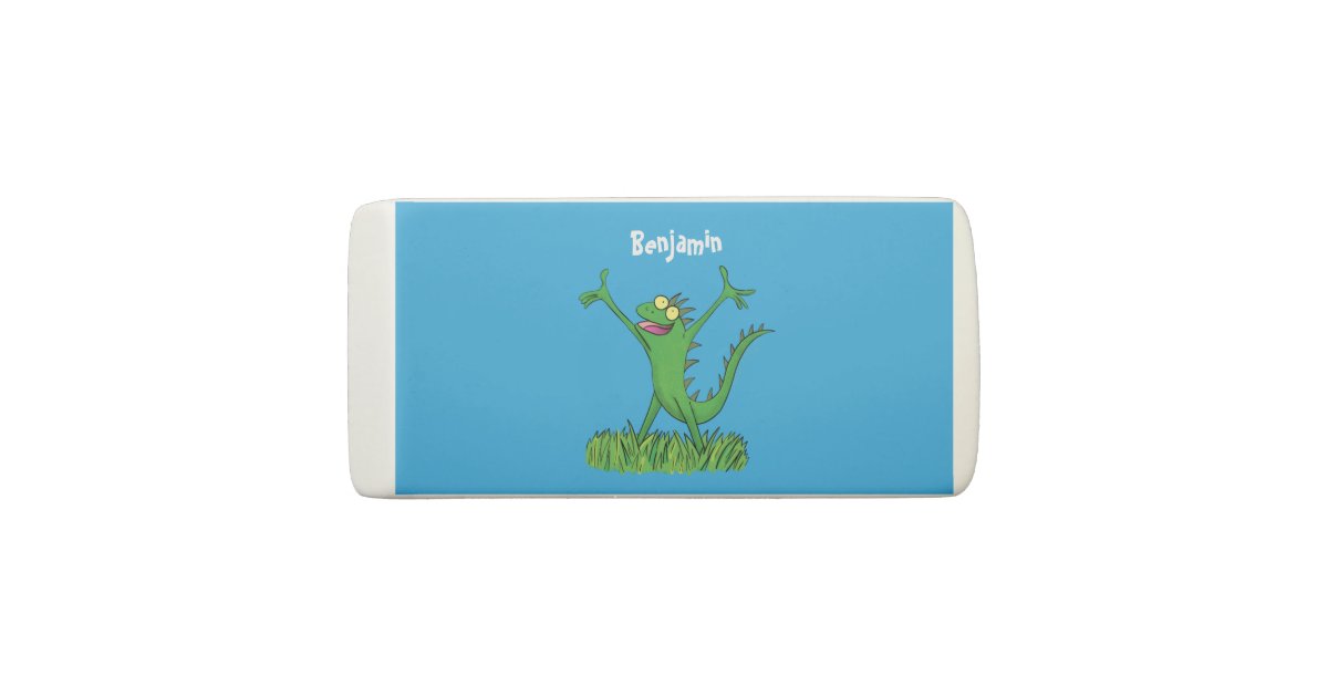 Funny green smiling animated iguana lizard eraser | Zazzle