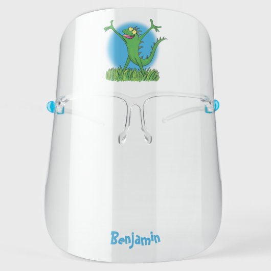 Funny green smiling animated iguana lizard face shield (Front)