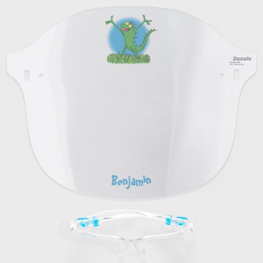 Funny green smiling animated iguana lizard face shield (Front w/Glasses)