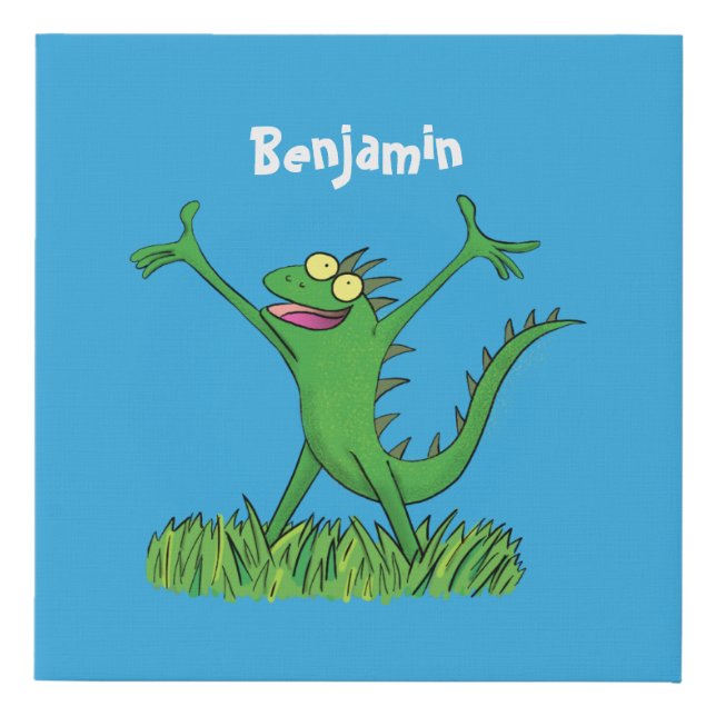 Funny green smiling animated iguana lizard faux canvas print (Front)