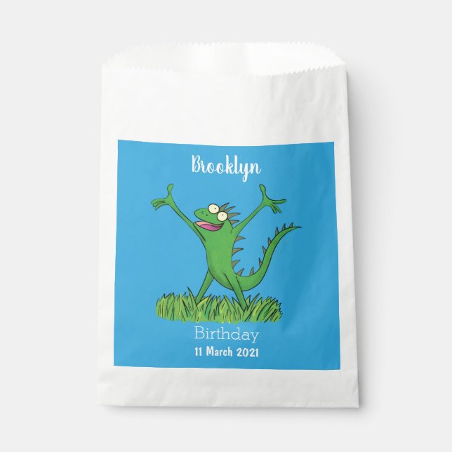 Funny green smiling animated iguana lizard favor bag (Front)