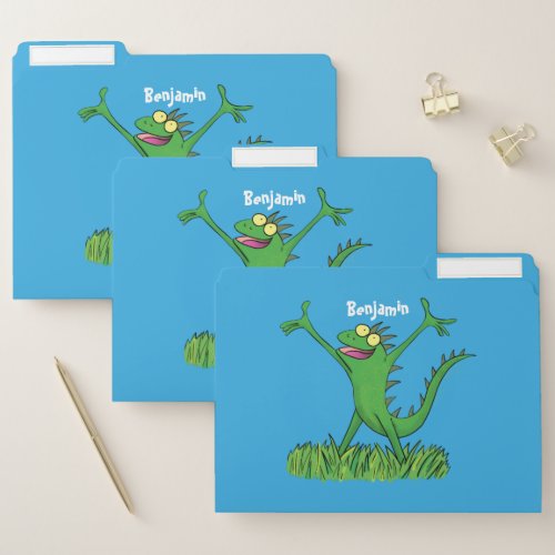 Funny green smiling animated iguana lizard  file folder