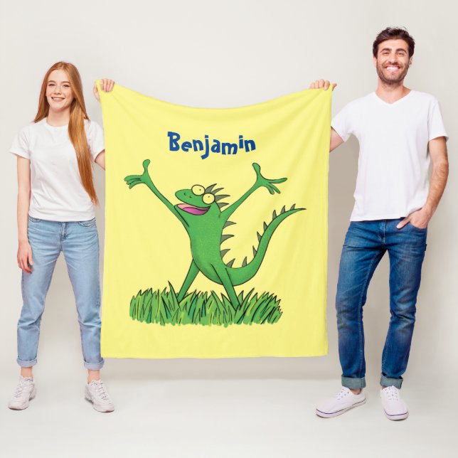 Funny green smiling animated iguana lizard  fleece blanket (In Situ)