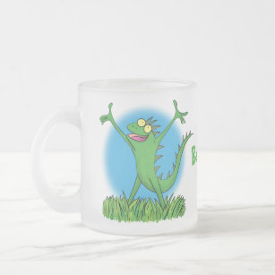 Funny green smiling animated iguana lizard frosted glass coffee mug