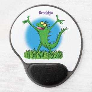 Funny green smiling animated iguana lizard gel mouse pad