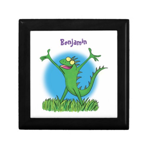Funny green smiling animated iguana lizard gift box