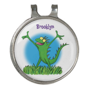 Funny green smiling animated iguana lizard golf hat clip