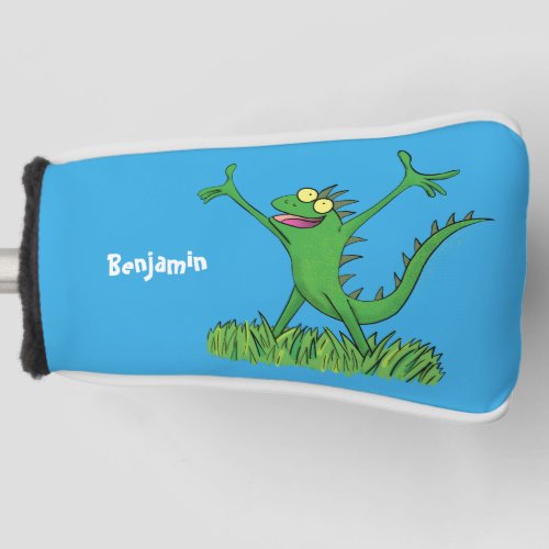 Funny green smiling animated iguana lizard golf head cover