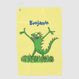 Funny green smiling animated iguana lizard golf towel