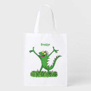 Funny green smiling animated iguana lizard  grocery bag