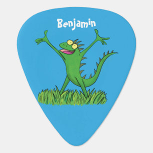 Funny green smiling animated iguana lizard guitar pick