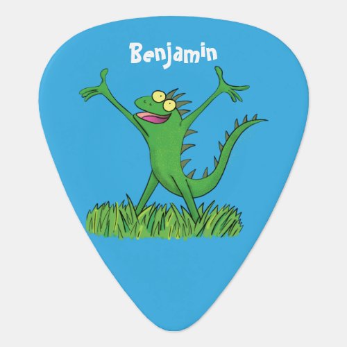 Funny green smiling animated iguana lizard guitar pick