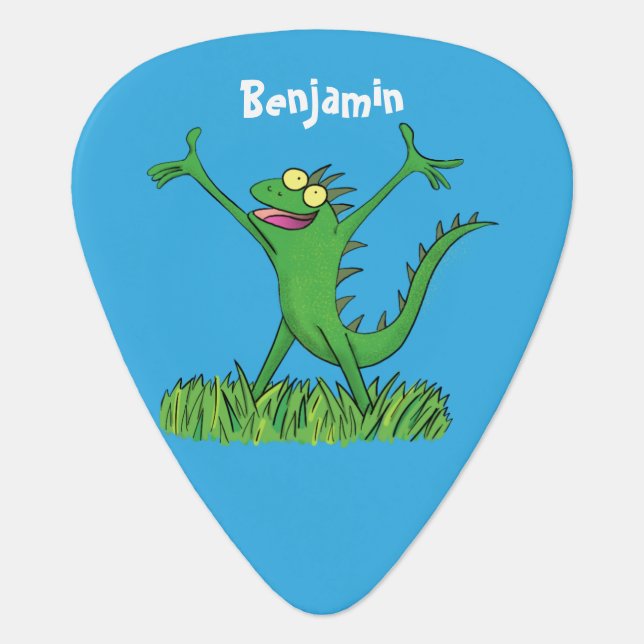 Funny green smiling animated iguana lizard guitar pick (Front)
