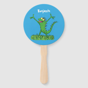 Funny green smiling animated iguana lizard hand fan