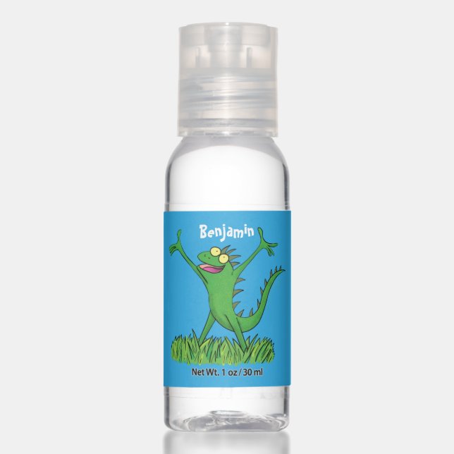 Funny green smiling animated iguana lizard hand sanitizer (Front)