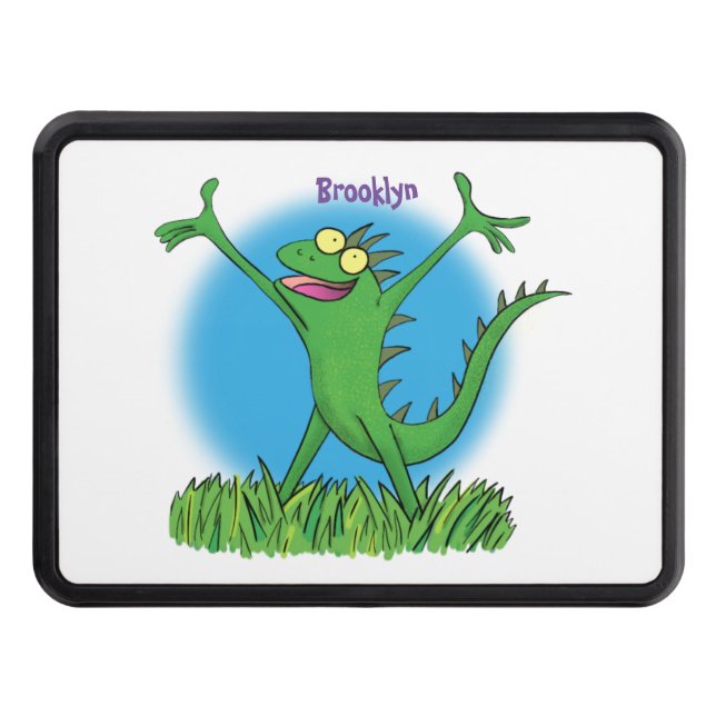 Funny green smiling animated iguana lizard hitch cover (Front)