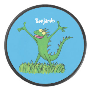 Funny green smiling animated iguana lizard hockey puck