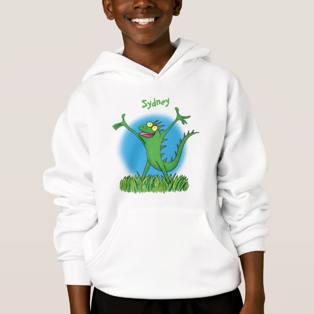 Funny green smiling animated iguana lizard hoodie (Front)