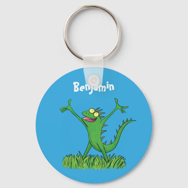 Funny green smiling animated iguana lizard keychain (Front)