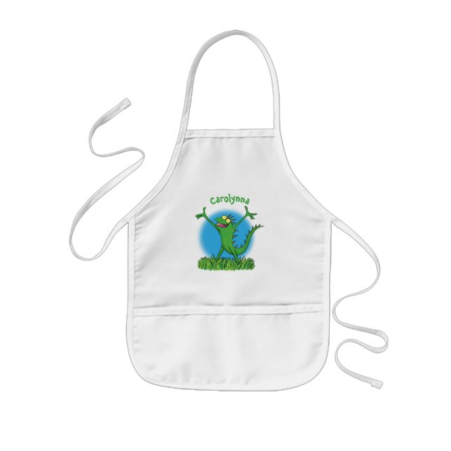 Funny green smiling animated iguana lizard kids' apron (Front)