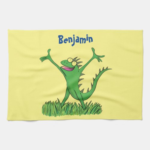 Funny green smiling animated iguana lizard  kitchen towel