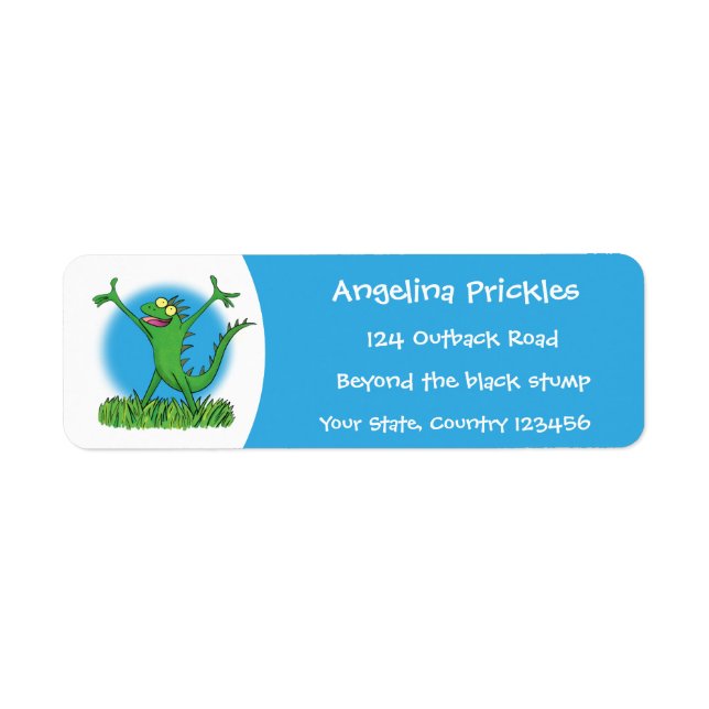 Funny green smiling animated iguana lizard label (Front)