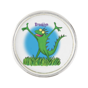 Funny green smiling animated iguana lizard lapel pin