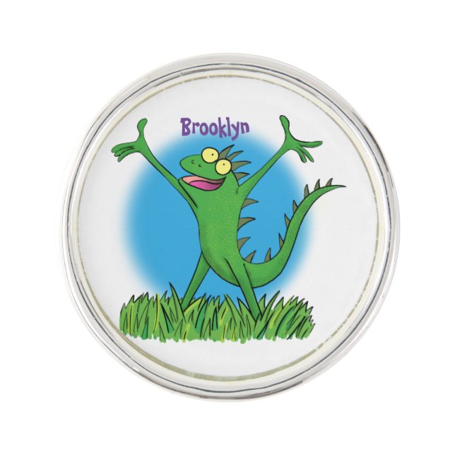 Funny green smiling animated iguana lizard lapel pin (Front)