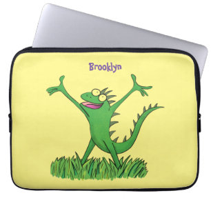 Funny green smiling animated iguana lizard  laptop sleeve