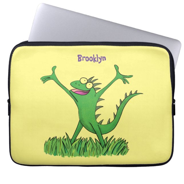 Funny green smiling animated iguana lizard  laptop sleeve (Front)