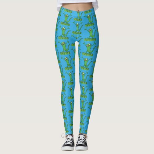 Funny green smiling animated iguana lizard leggings