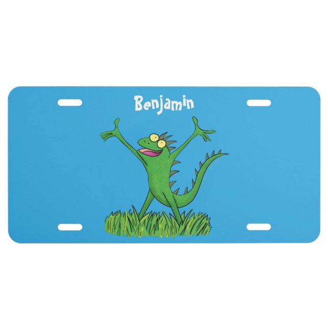 Funny green smiling animated iguana lizard license plate (Front)