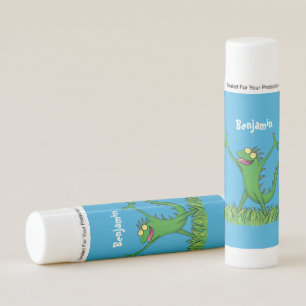 Funny green smiling animated iguana lizard lip balm
