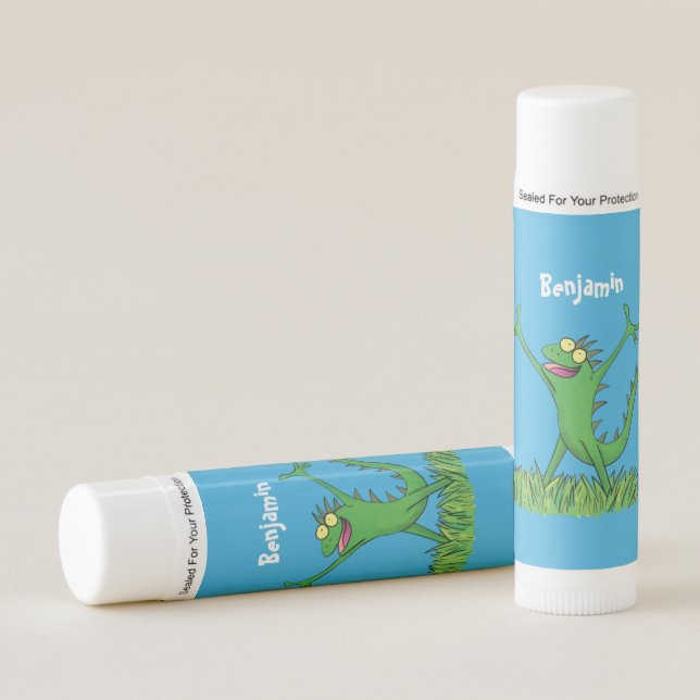 Funny green smiling animated iguana lizard lip balm (Front)