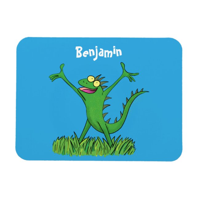Funny green smiling animated iguana lizard magnet (Horizontal)