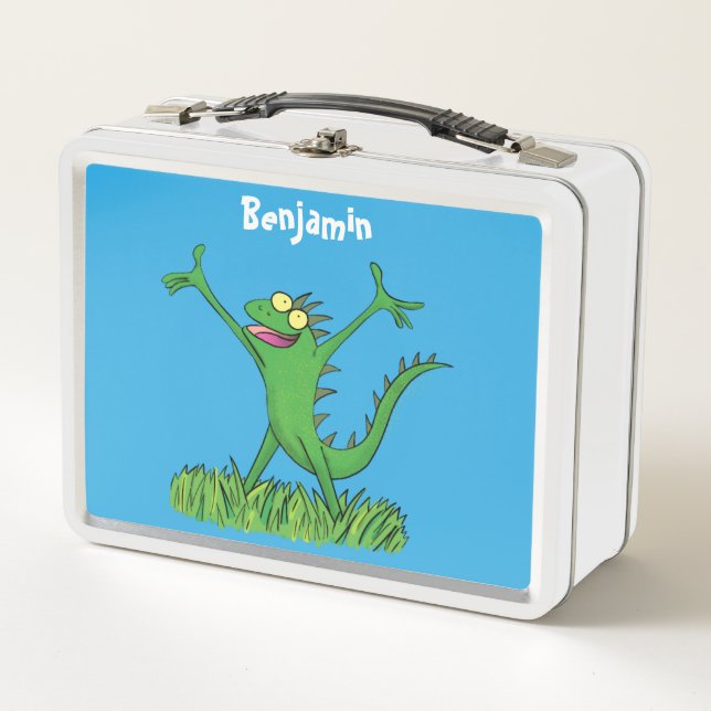 Funny green smiling animated iguana lizard metal lunch box (Front)
