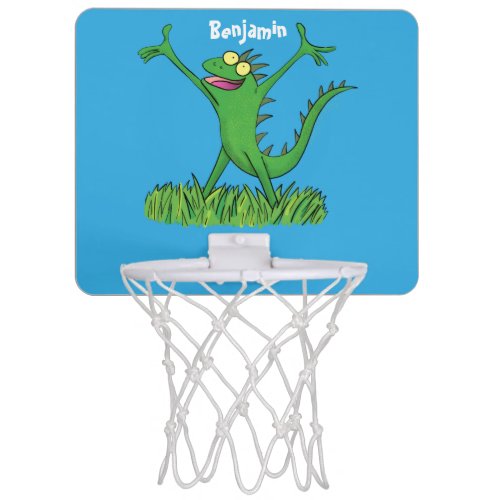 Funny green smiling animated iguana lizard mini basketball hoop