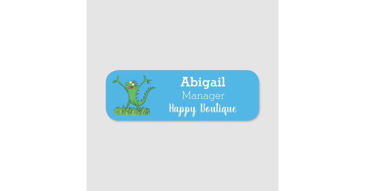 Funny green smiling animated iguana lizard name tag | Zazzle